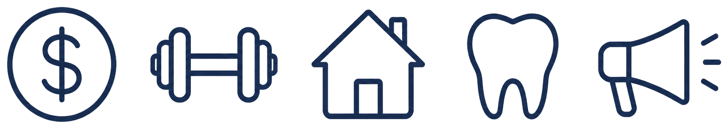 Navy line icons for financial services, fitness, real estate, dental, and coaching businesses