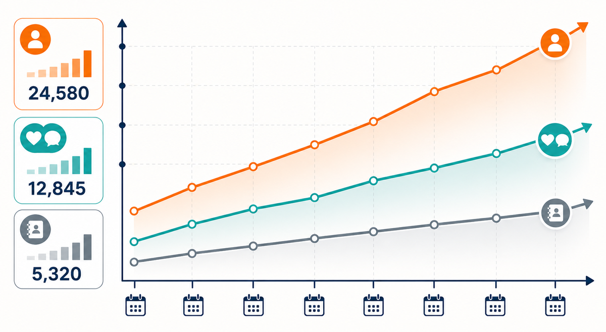 Line chart illustrating reach, engagement, and follower counts climbing over several months of weekly posting